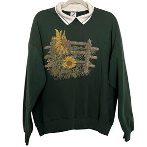 Vintage Jerzees Morning Sunflower Collared Green Sweatshirt Womens 90s XL